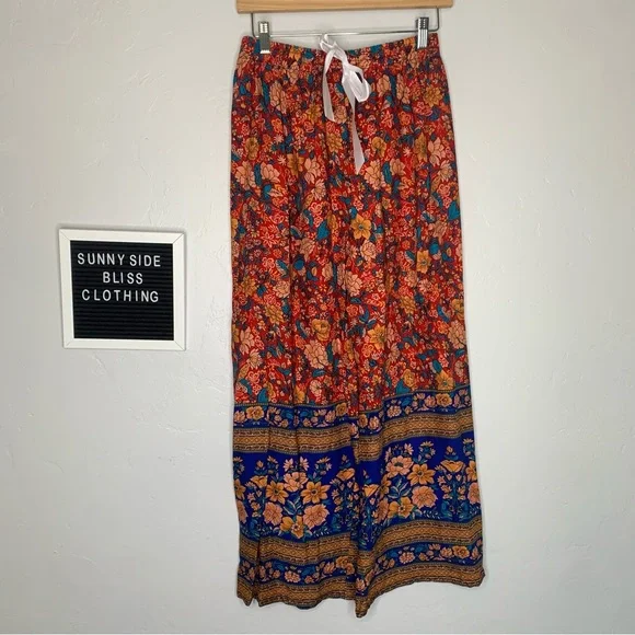 MSM Colorful Floral Boho Wide Leg Pants Elastic Waist Drawstring Size Small - Picture 5 of 11